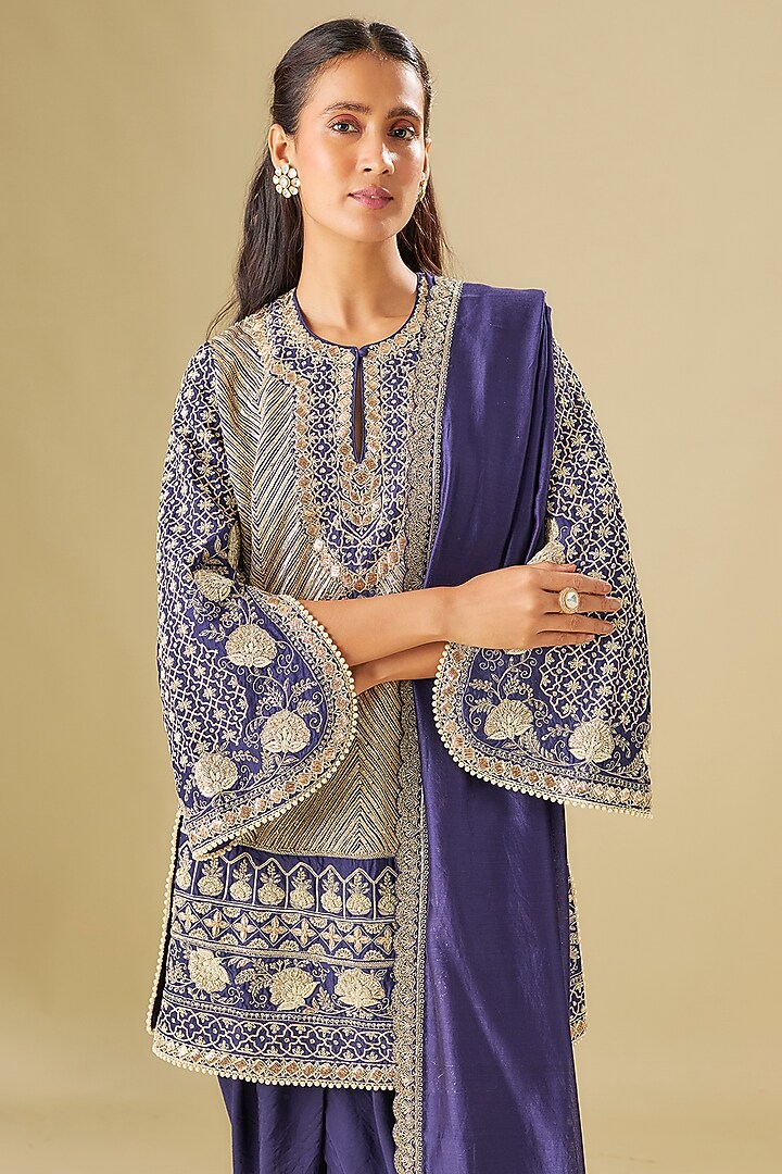 Purple Silk Zardosi Embroidered Tunic Set by Jayanti Reddy at Pernia's Pop Up Shop
