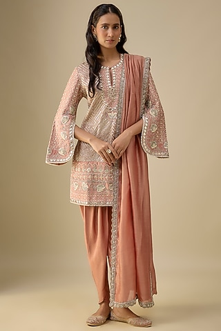 Peach Silk Zardosi Embroidered Tunic Set by Jayanti Reddy