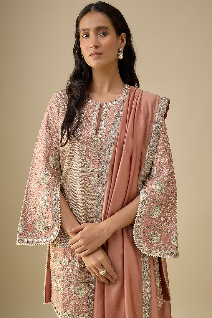Peach Silk Zardosi Embroidered Tunic Set by Jayanti Reddy at Pernia's Pop Up Shop