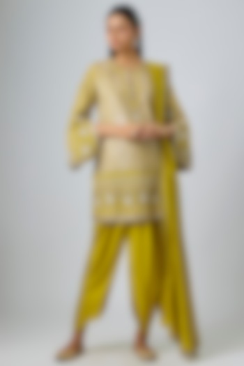 Mustard Silk Zardosi Embroidered Tunic Set by Jayanti Reddy at Pernia's Pop Up Shop