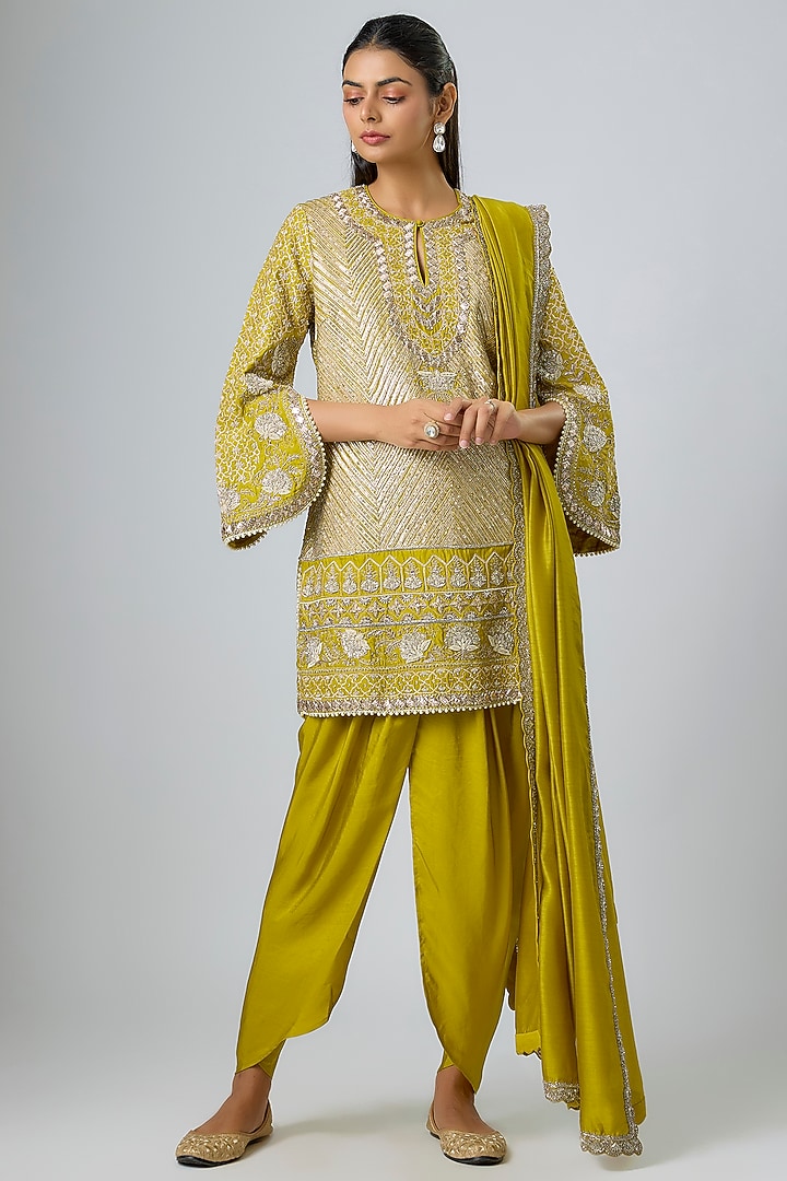 Mustard Silk Zardosi Embroidered Tunic Set by Jayanti Reddy at Pernia's Pop Up Shop