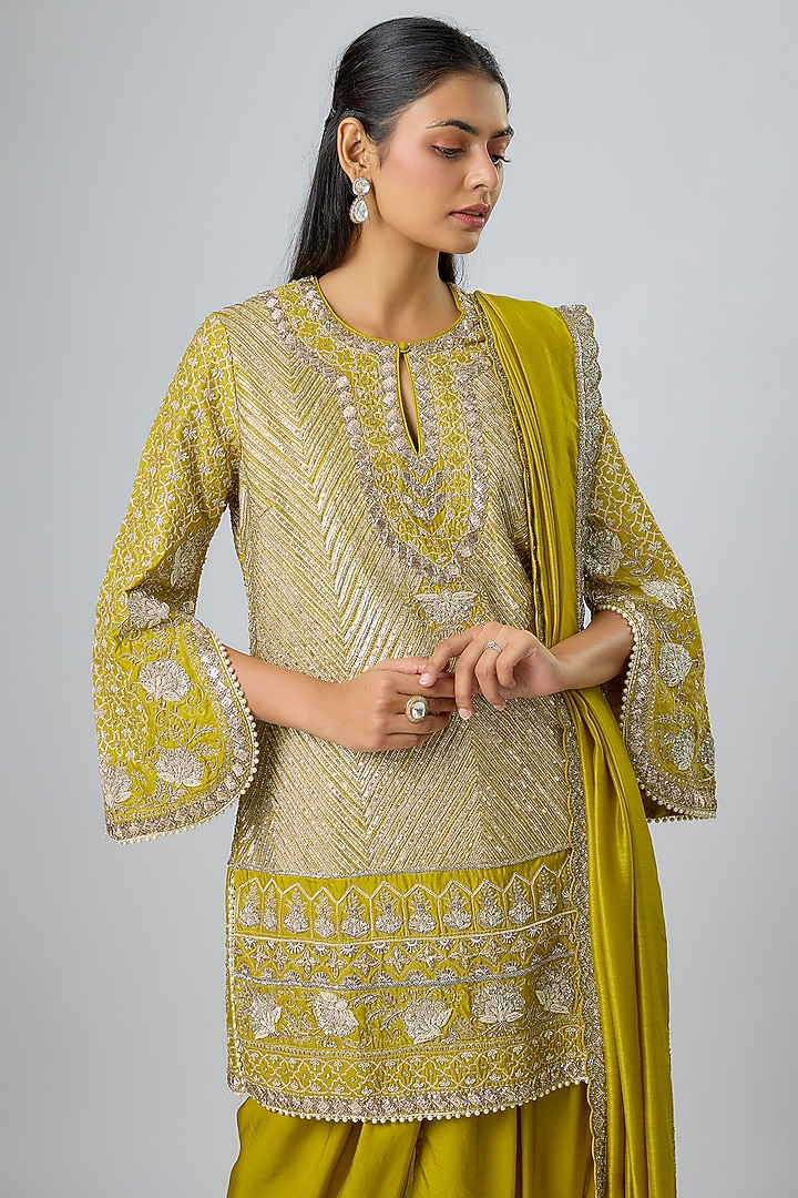 Mustard Silk Zardosi Embroidered Tunic Set by Jayanti Reddy at Pernia's Pop Up Shop