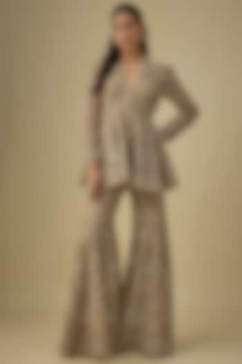 Golden Beige Net Zari & Zardosi Embroidered Bridal Sharara Set by Jayanti Reddy at Pernia's Pop Up Shop