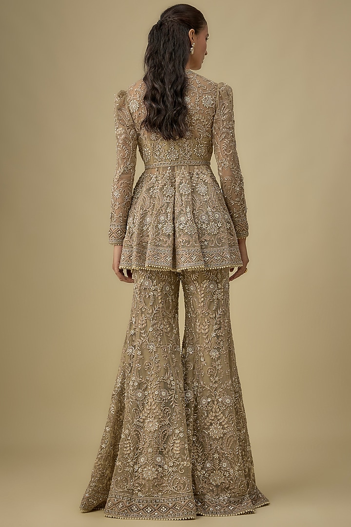 Golden Beige Net Zari & Zardosi Embroidered Bridal Sharara Set by Jayanti Reddy at Pernia's Pop Up Shop