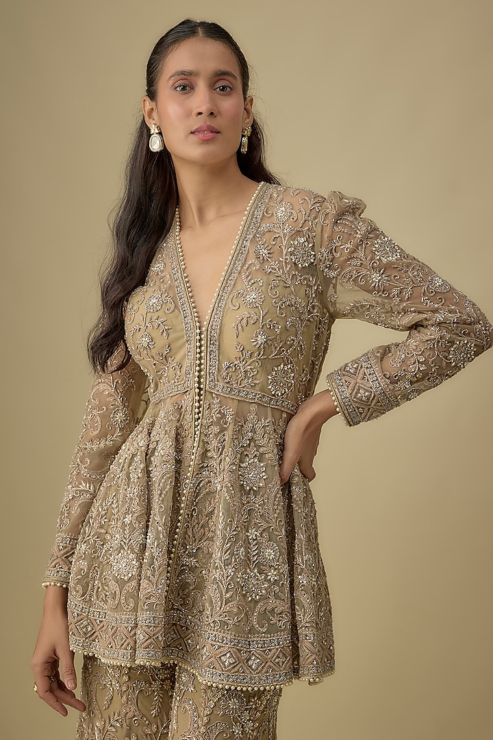 Golden Beige Net Zari & Zardosi Embroidered Bridal Sharara Set by Jayanti Reddy at Pernia's Pop Up Shop
