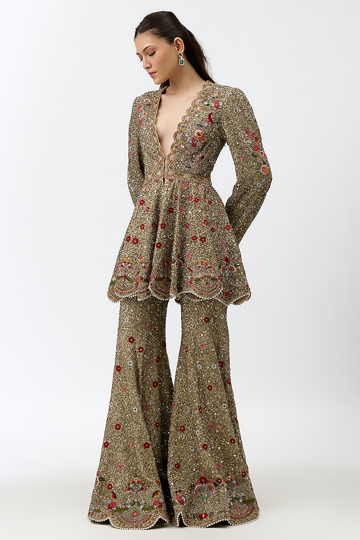 Gold Beige Georgette Zardosi Embroidered Bridal Sharara Set by Jayanti Reddy at Pernia's Pop Up Shop