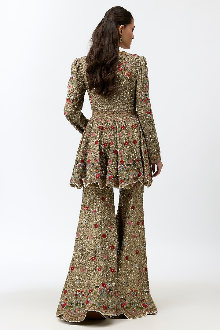 Gold Beige Georgette Zardosi Embroidered Bridal Sharara Set by Jayanti Reddy at Pernia's Pop Up Shop