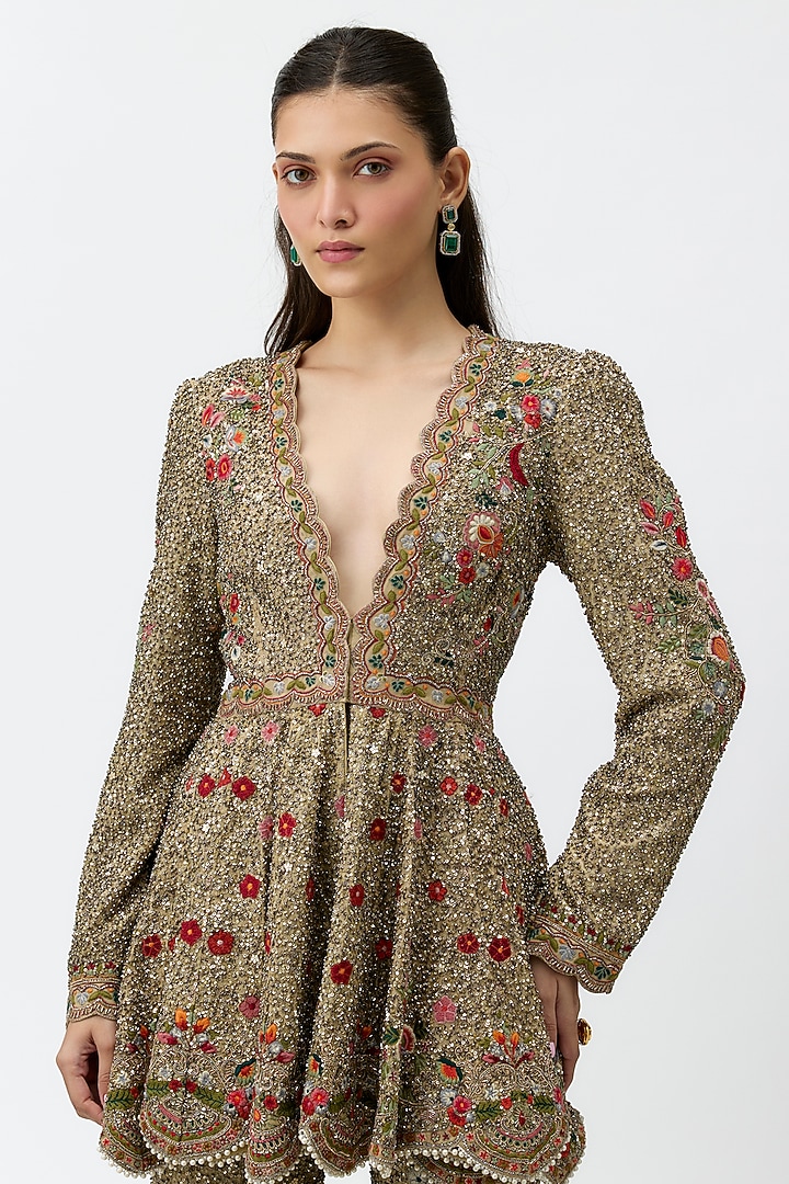 Gold Beige Georgette Zardosi Embroidered Bridal Sharara Set by Jayanti Reddy at Pernia's Pop Up Shop