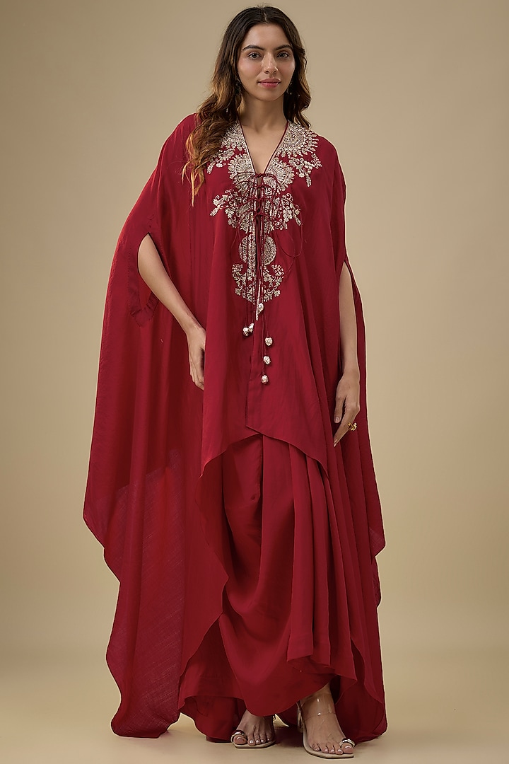 Red Silk Zardosi Embroidered Cape Set by Jayanti Reddy at Pernia's Pop Up Shop