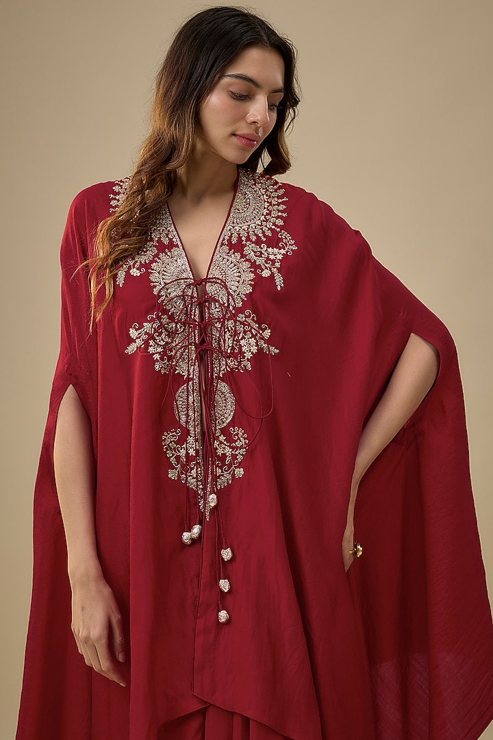 Red Silk Zardosi Embroidered Cape Set by Jayanti Reddy at Pernia's Pop Up Shop