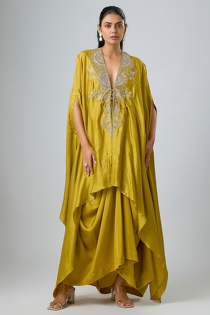 Mustard Silk Embroidered Cape Set by Jayanti Reddy at Pernia's Pop Up Shop