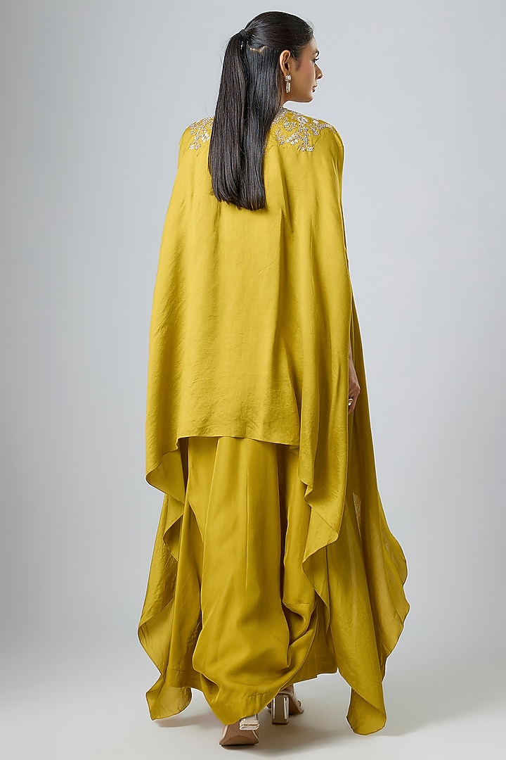 Mustard Silk Embroidered Cape Set by Jayanti Reddy at Pernia's Pop Up Shop