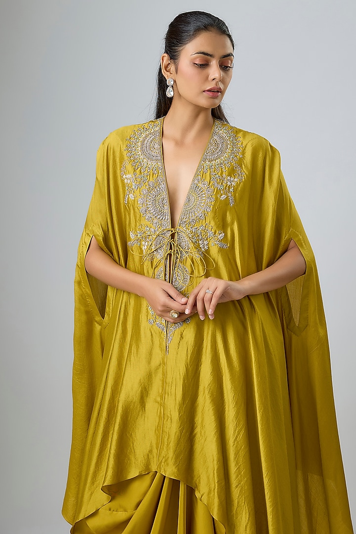 Mustard Silk Embroidered Cape Set by Jayanti Reddy at Pernia's Pop Up Shop