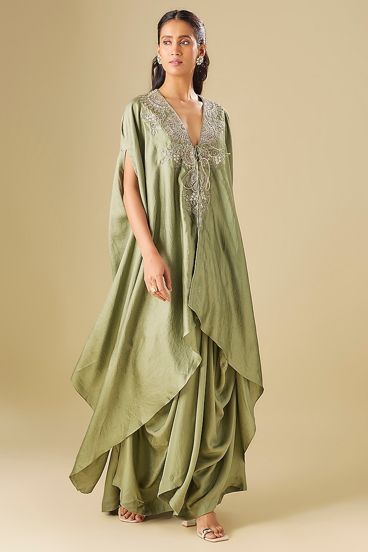 Mint Green Silk Zardosi Embroidered Cape Set by Jayanti Reddy at Pernia's Pop Up Shop
