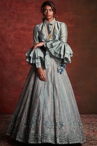 Steel Grey Net Zardosi Embroidered Lehenga Set by Jayanti Reddy