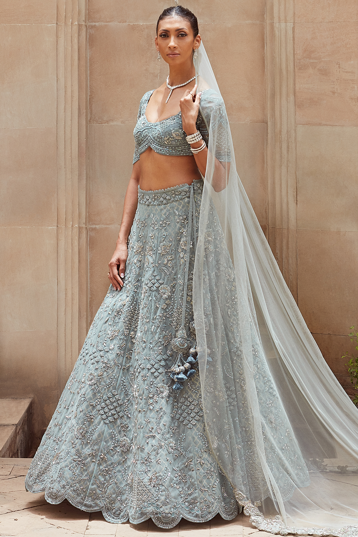 Ice Blue Net Zardosi Embroidered Bridal Lehenga Set by Jayanti Reddy at Pernia's Pop Up Shop