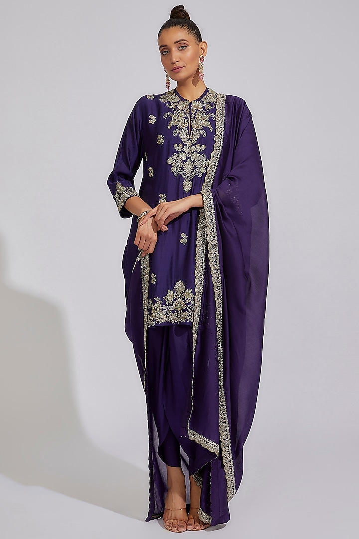 Purple Silk Embroidered Kurta Set by Jayanti Reddy