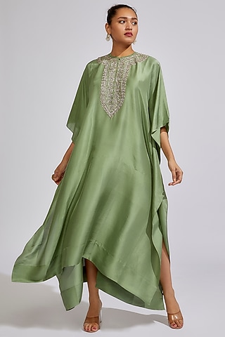 Mint Green Silk Embroidered Kaftan by Jayanti Reddy