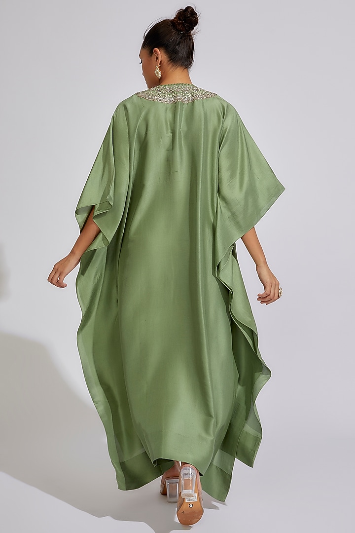 Mint Green Silk Embroidered Kaftan by Jayanti Reddy at Pernia's Pop Up Shop