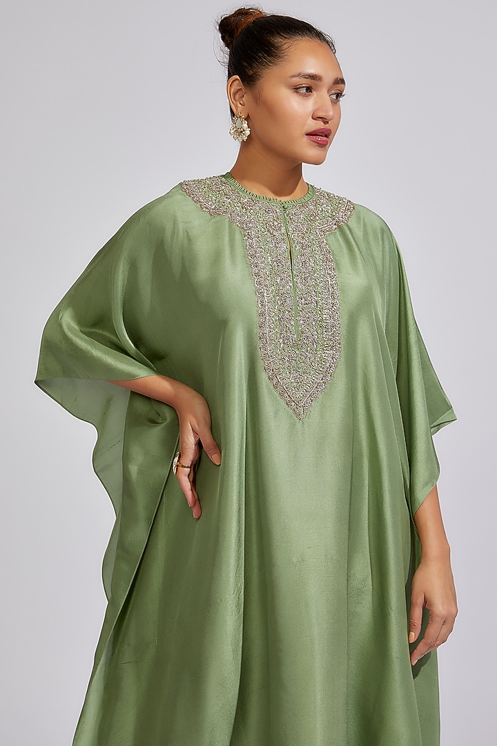Mint Green Silk Embroidered Kaftan by Jayanti Reddy at Pernia's Pop Up Shop