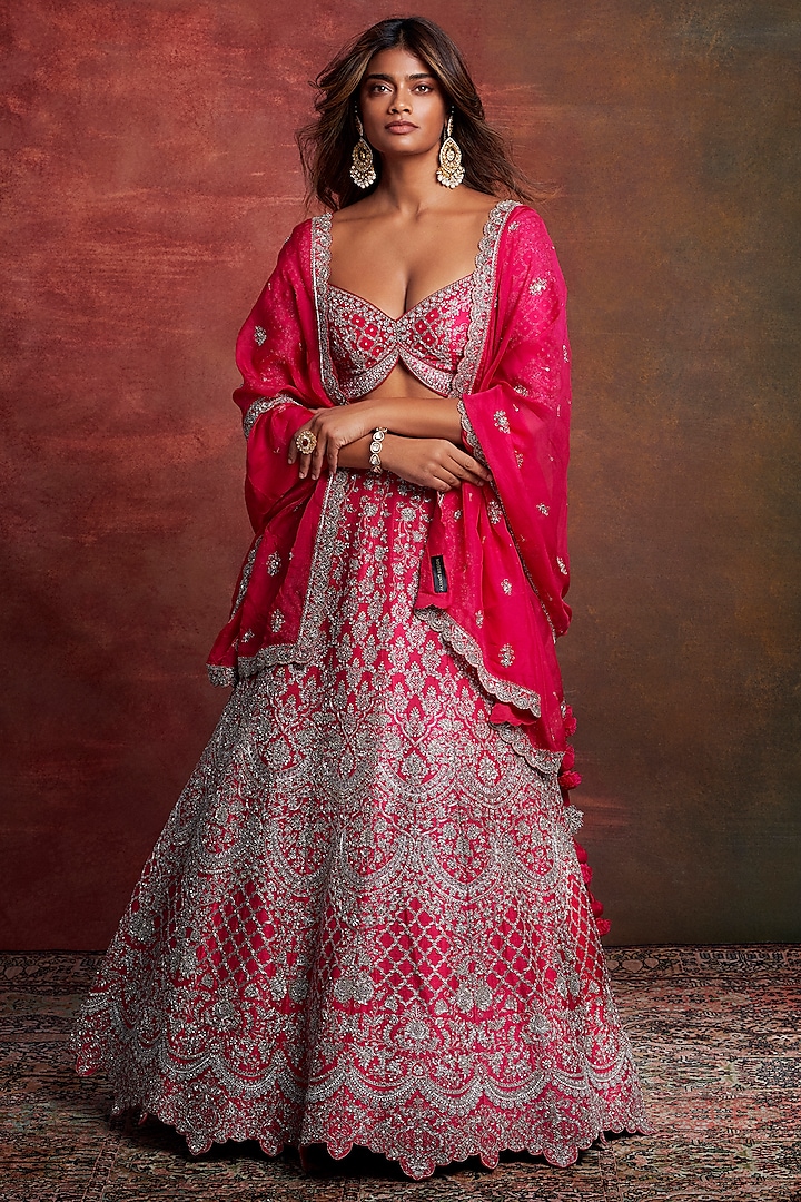 Pink Raw Silk Zardosi Embroidered Lehenga Set by Jayanti Reddy