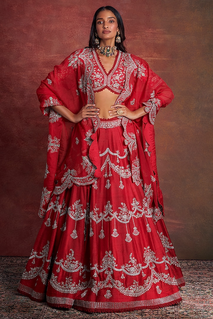 Red Raw Silk Zardosi Embroidered Lehenga Set by Jayanti Reddy