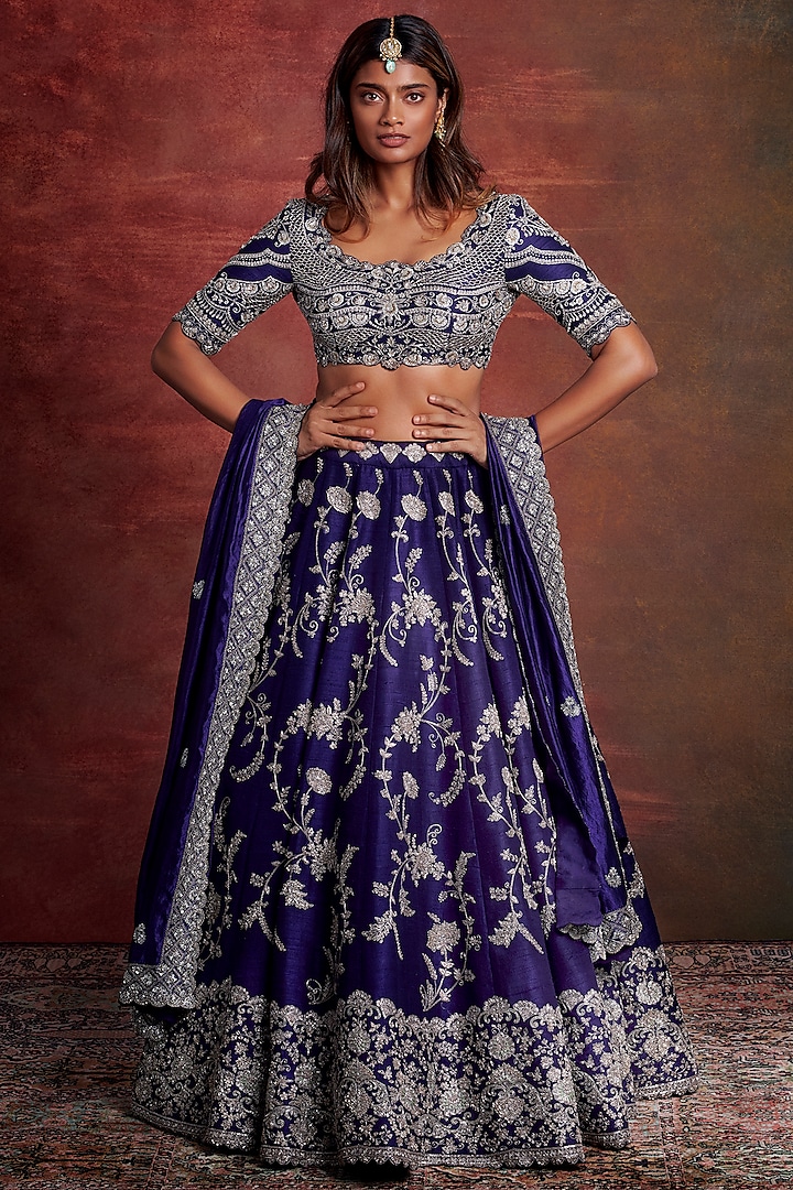 Purple Raw Silk Zardosi Embroidered Bridal Lehenga Set by Jayanti Reddy at Pernia's Pop Up Shop