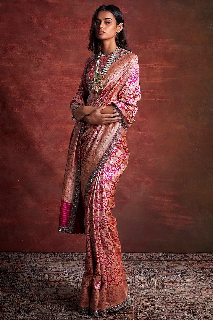Pink Banarasi Silk Embroidered Saree Set by Jayanti Reddy