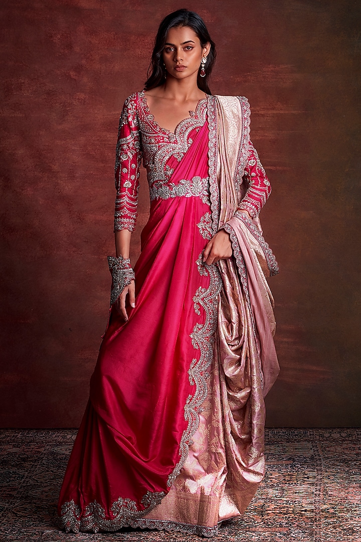 Pink & Peach Banarasi Silk Embroidered Saree Set by Jayanti Reddy