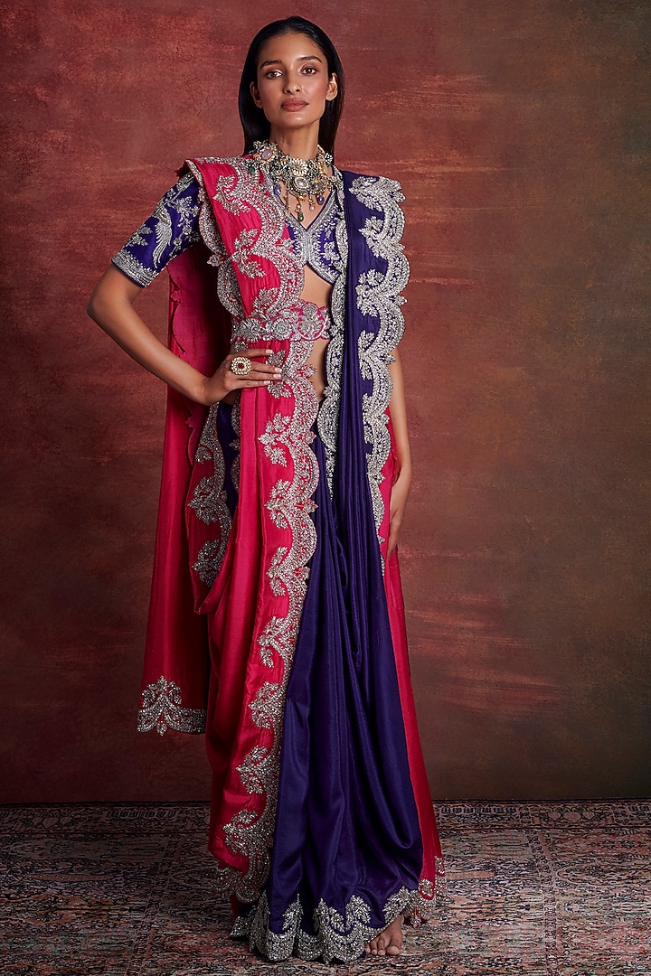 Purple & Pink Silk Embroidered Bridal Saree Set by Jayanti Reddy at Pernia's Pop Up Shop