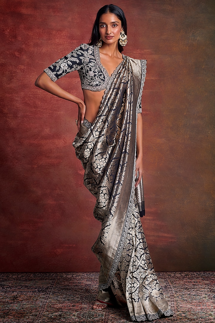 Black Banarasi Silk Zardosi Embroidered Bridal Saree Set by Jayanti Reddy at Pernia's Pop Up Shop