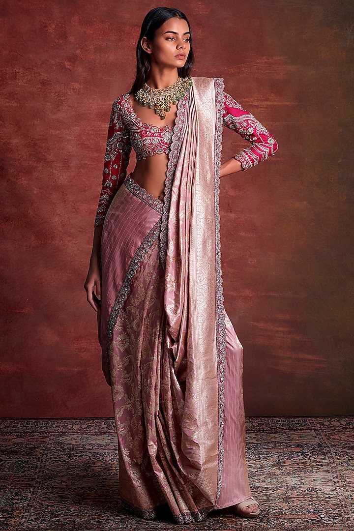 Pink Silk Banarasi Zardosi Embroidered Saree Set by Jayanti Reddy