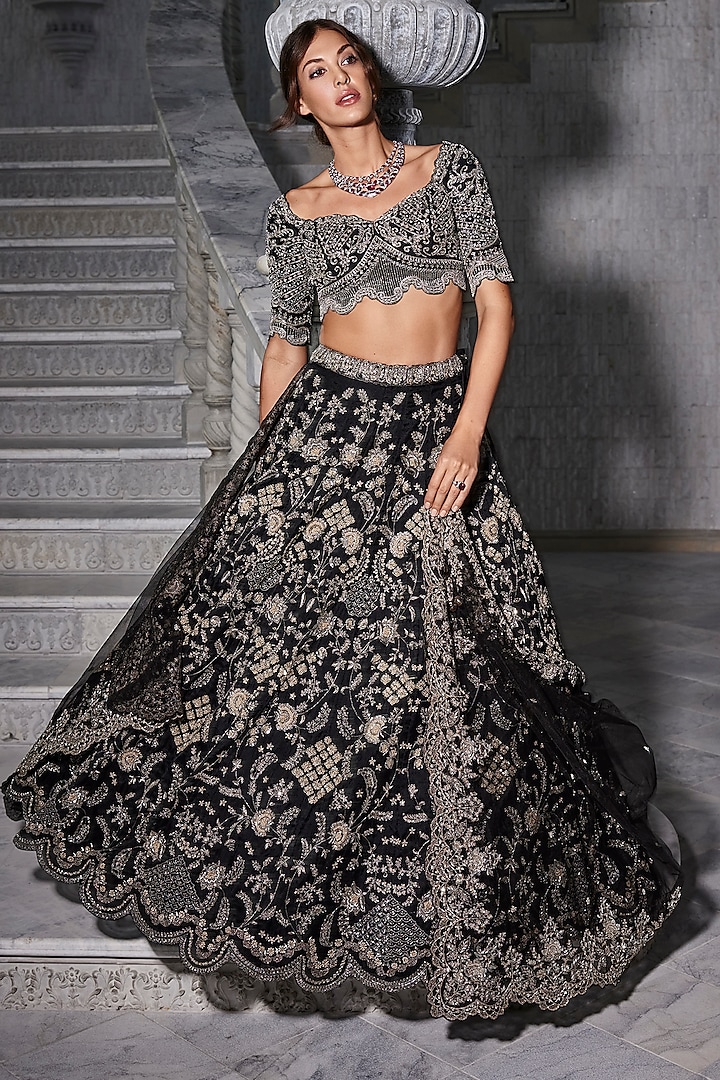 Black Silk Zardosi Embroidered Bridal Lehenga Set by Jayanti Reddy at Pernia's Pop Up Shop