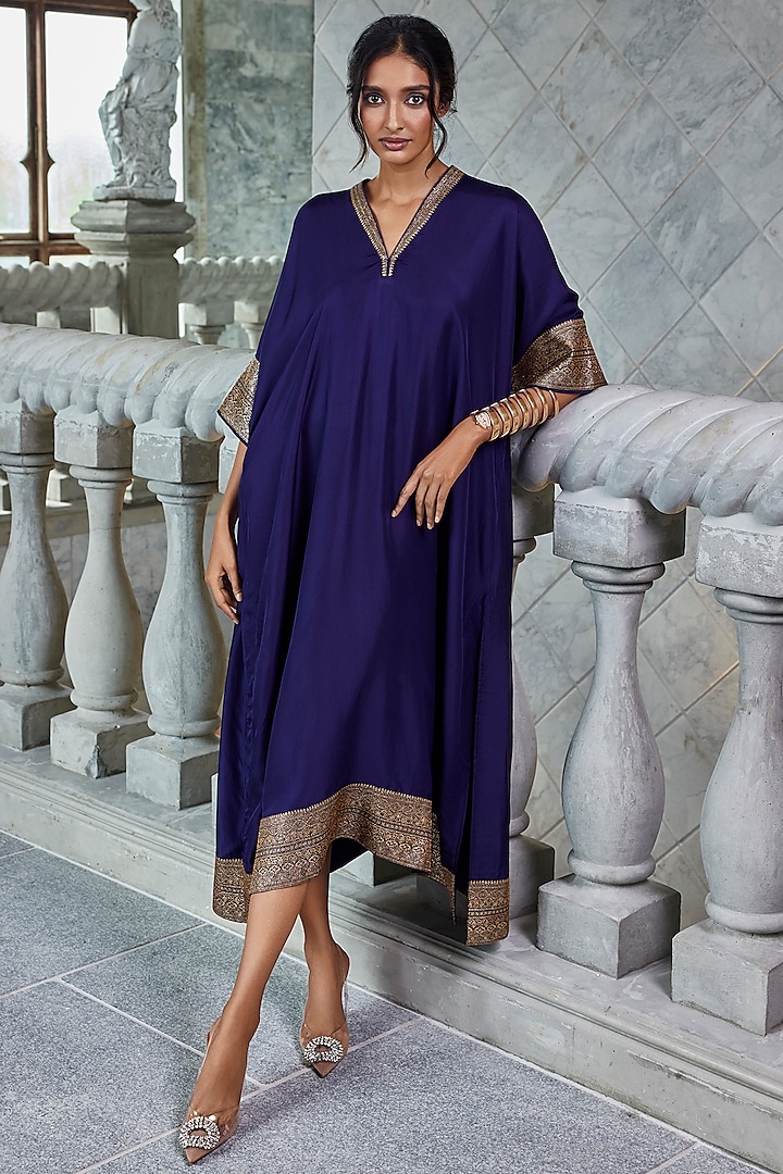 Purple Twill Banarasi Border Kaftan by Jayanti Reddy at Pernia's Pop Up Shop