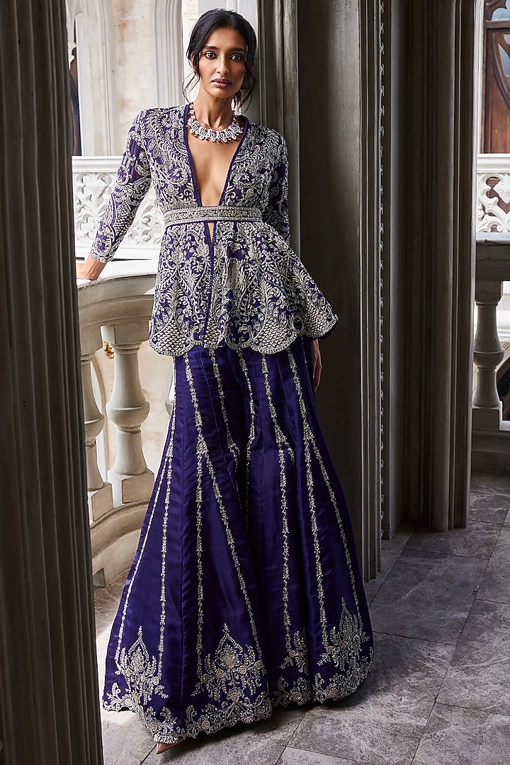 Purple Silk Embroidered Bridal Sharara Set by Jayanti Reddy at Pernia's Pop Up Shop