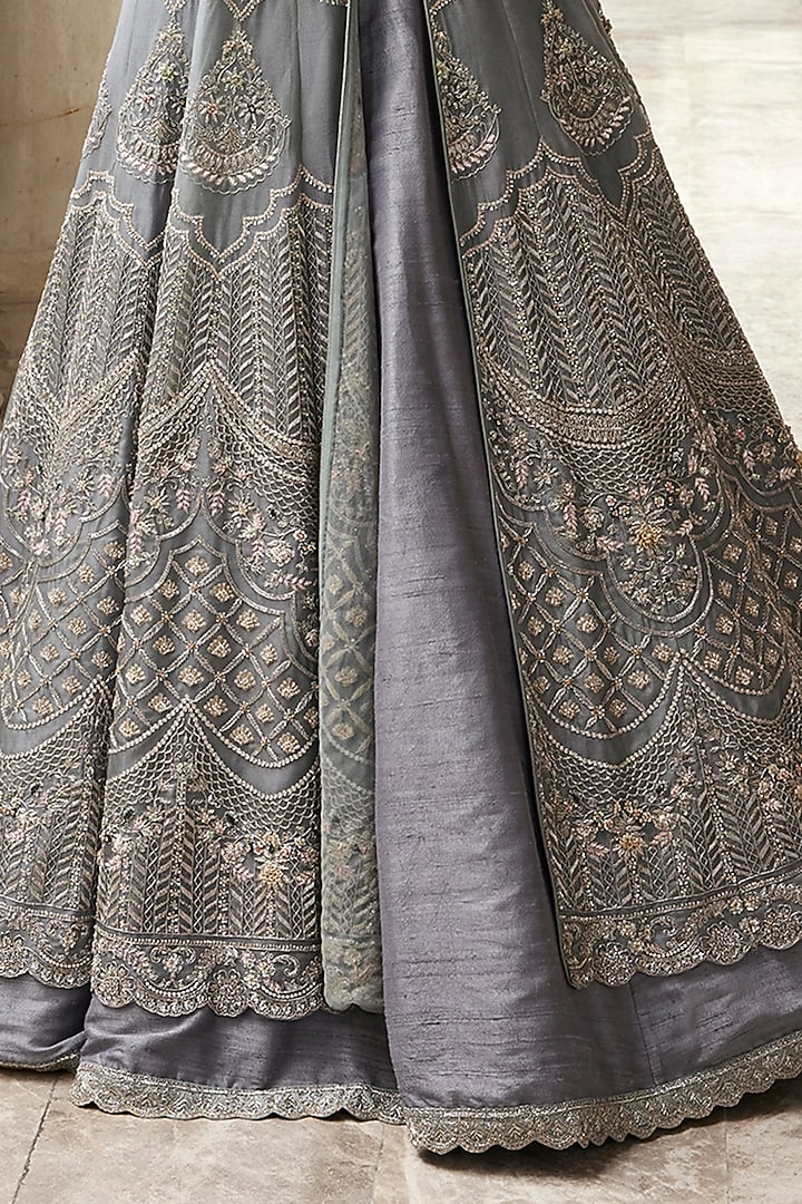 Teal Blue Net Embroidered Bridal Anarkali Lehenga Set by Jayanti Reddy at Pernia's Pop Up Shop