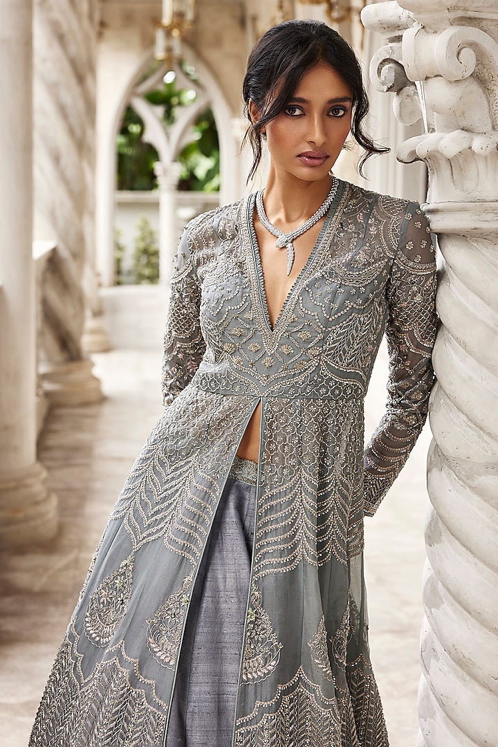 Teal Blue Net Embroidered Bridal Anarkali Lehenga Set by Jayanti Reddy at Pernia's Pop Up Shop