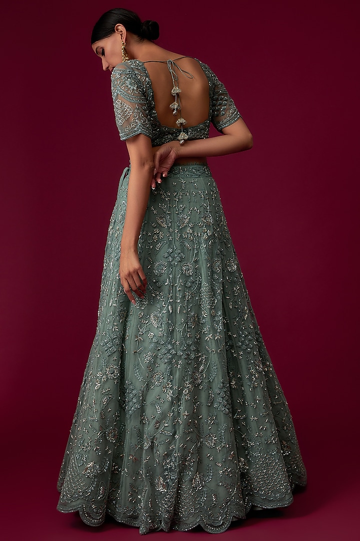 Teal Blue Net Embroidered Bridal Lehenga Set by Jayanti Reddy at Pernia's Pop Up Shop