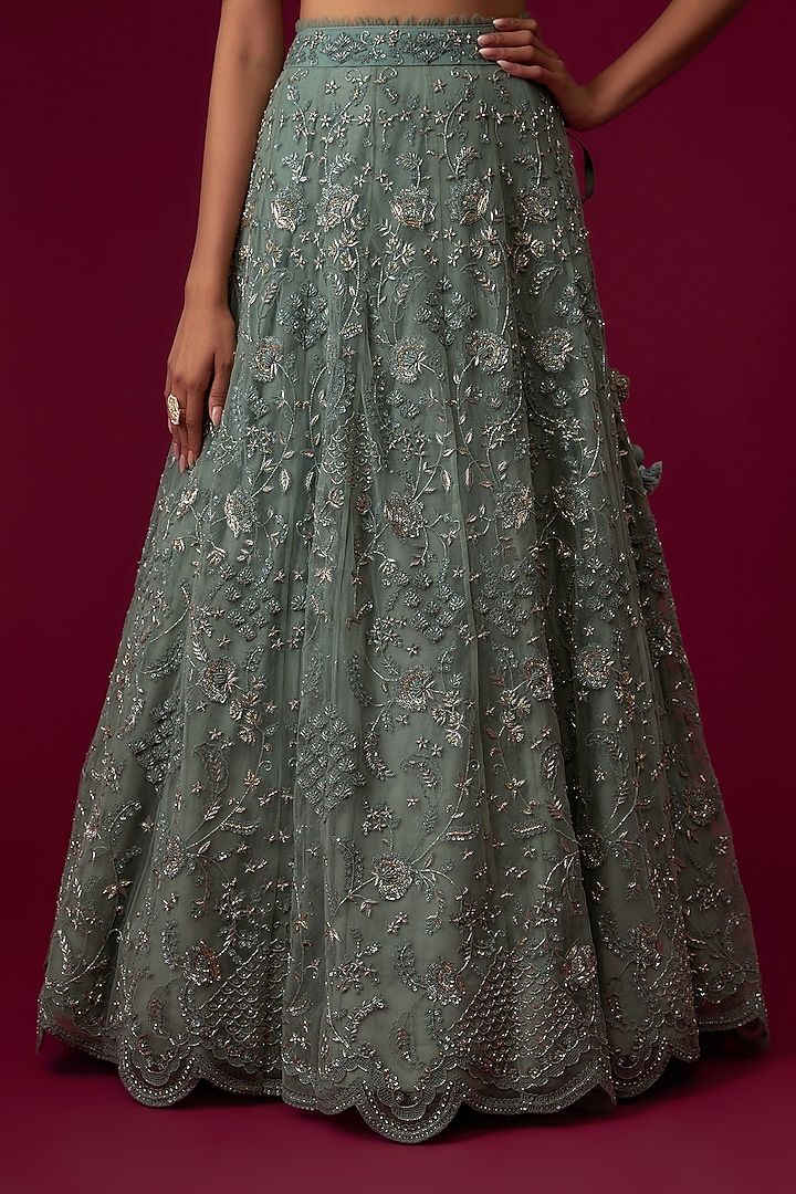 Teal Blue Net Embroidered Bridal Lehenga Set by Jayanti Reddy at Pernia's Pop Up Shop