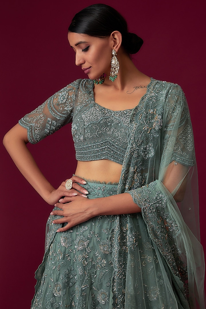 Teal Blue Net Embroidered Bridal Lehenga Set by Jayanti Reddy at Pernia's Pop Up Shop