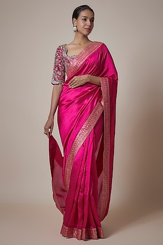 Pink Silk Zari Embroidered Banarasi Saree Set by Jayanti Reddy