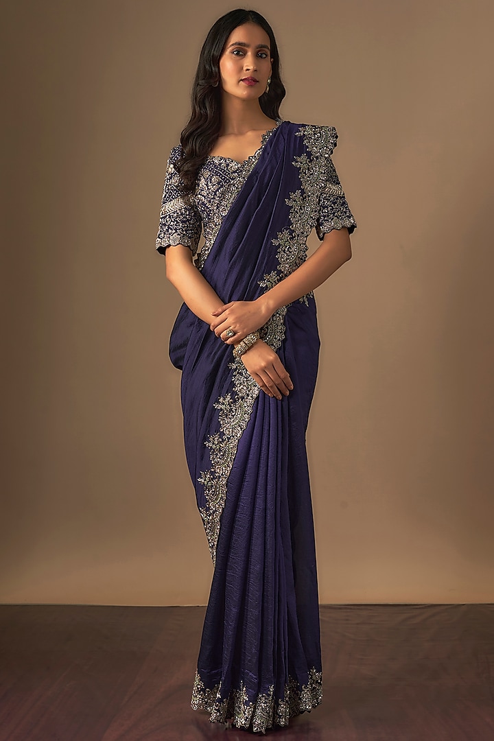 Purple Silk Zardosi Embroidered Saree Set by Jayanti Reddy at Pernia's Pop Up Shop