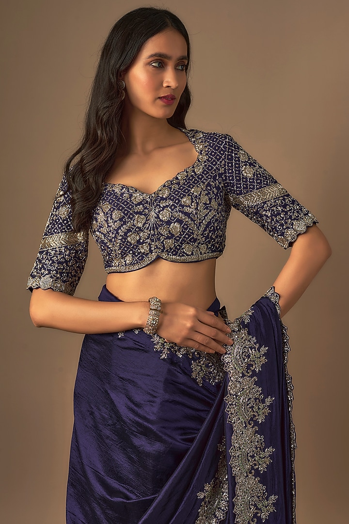 Purple Silk Zardosi Embroidered Bridal Saree Set by Jayanti Reddy at Pernia's Pop Up Shop