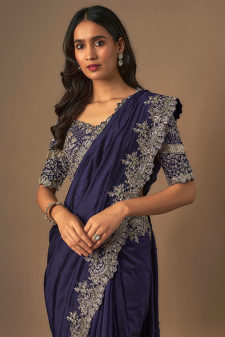 Purple Silk Zardosi Embroidered Bridal Saree Set by Jayanti Reddy at Pernia's Pop Up Shop