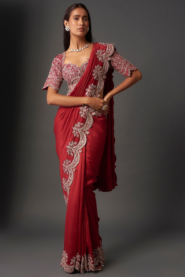 Red Silk Zardosi Embroidered Bridal Saree Set by Jayanti Reddy at Pernia's Pop Up Shop