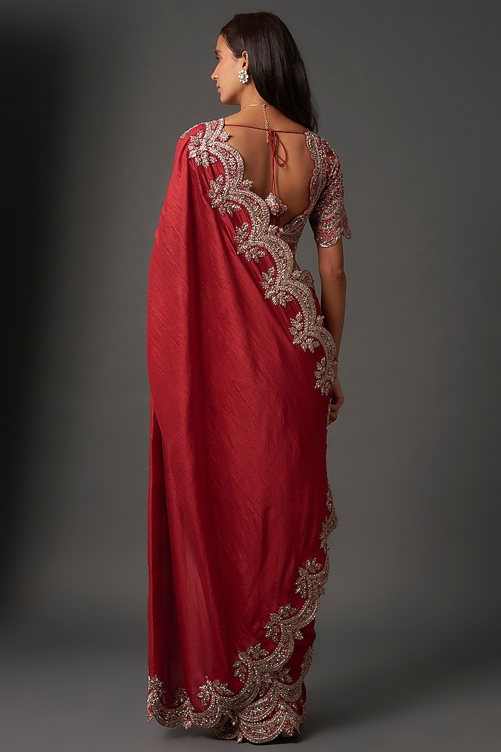 Red Silk Zardosi Embroidered Bridal Saree Set by Jayanti Reddy at Pernia's Pop Up Shop