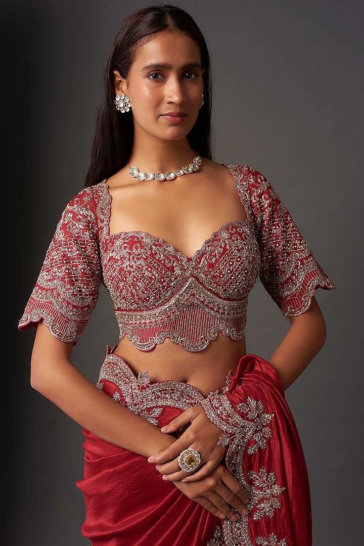Red Silk Zardosi Embroidered Bridal Saree Set by Jayanti Reddy at Pernia's Pop Up Shop