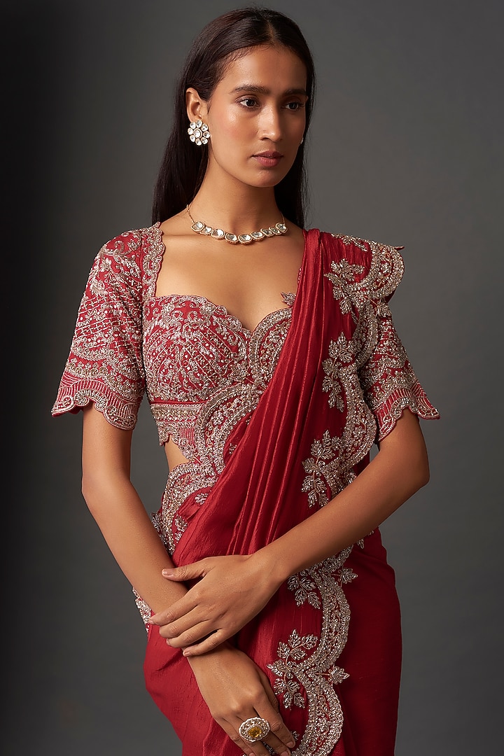 Red Silk Zardosi Embroidered Bridal Saree Set by Jayanti Reddy at Pernia's Pop Up Shop