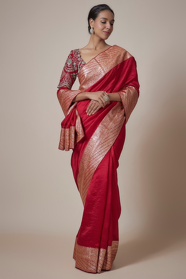 Red Silk Zari Embroidered Banarasi Saree Set by Jayanti Reddy at Pernia's Pop Up Shop