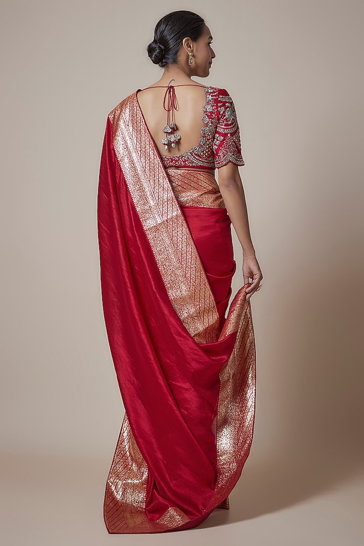 Red Silk Zari Embroidered Banarasi Reception Saree Set by Jayanti Reddy at Pernia's Pop Up Shop